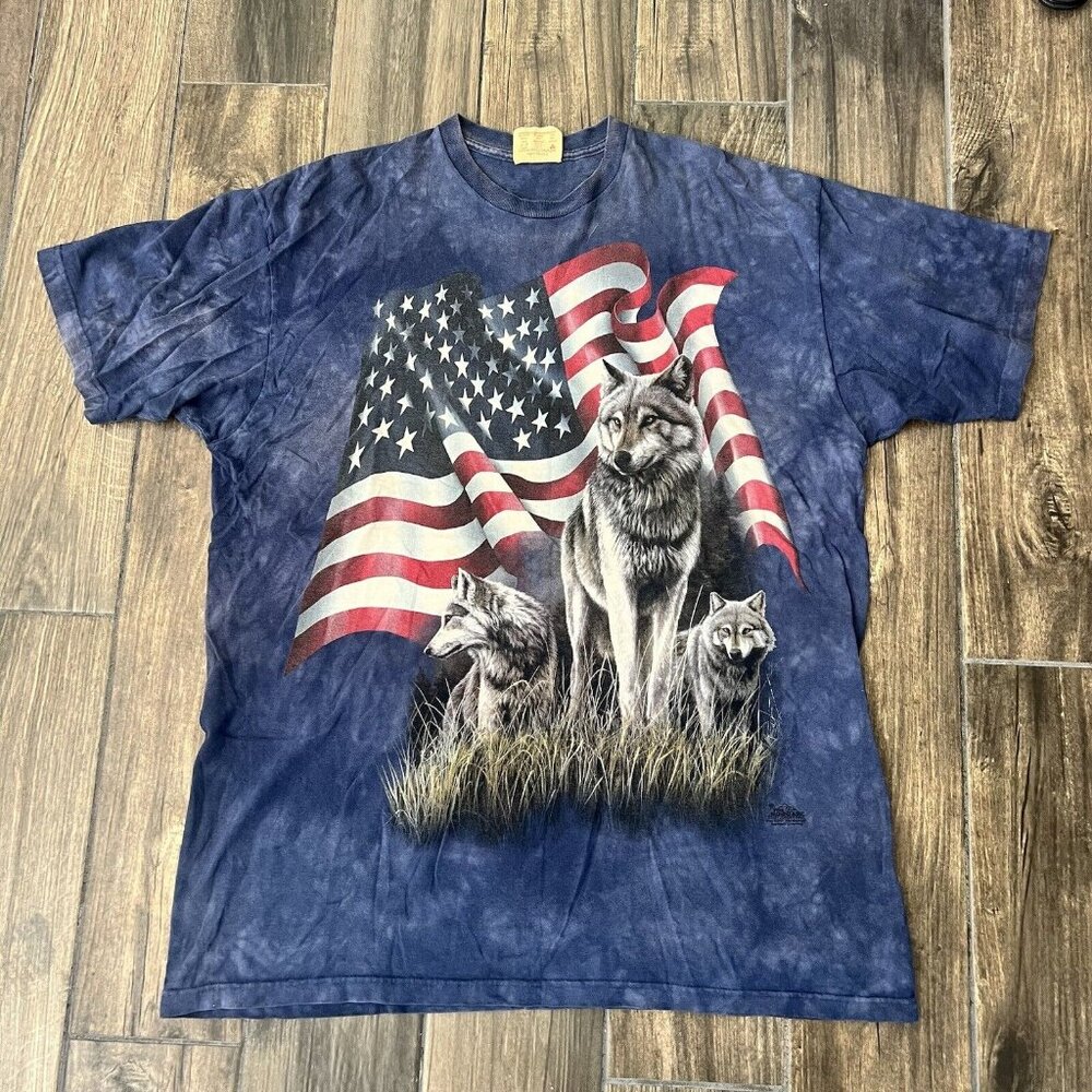 Wolf Pack Wolves American Flag Patriotic Wilderness Tie Dye Shirt Navy Blue XL